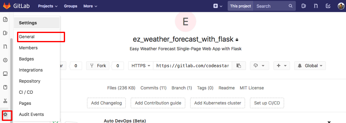 Project general setting page